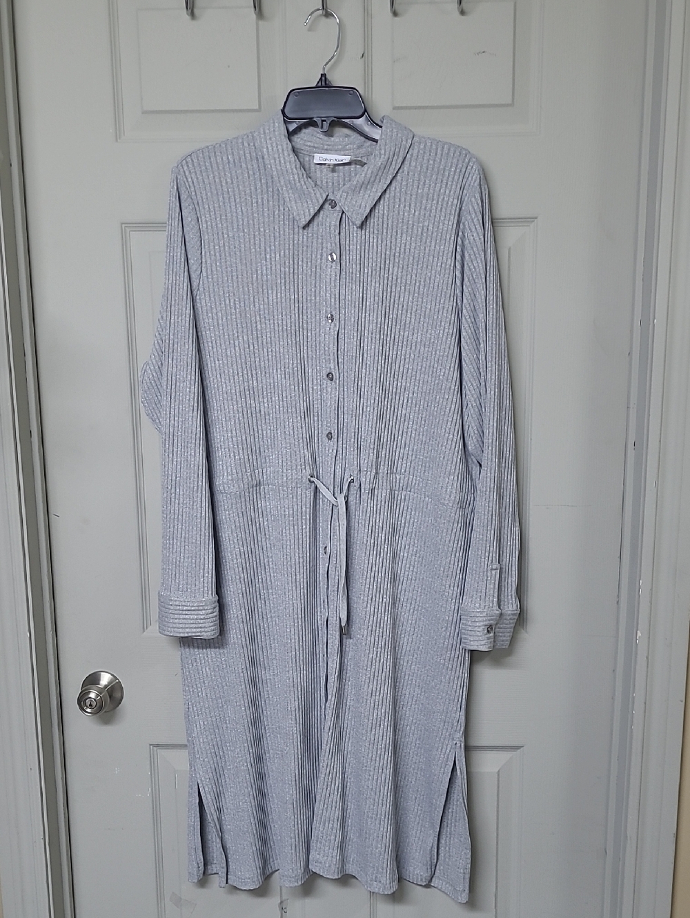 Calvin Klein Tie Waist Midi Shirt Dress Light Gray Ribbed Side Slits XL Like New